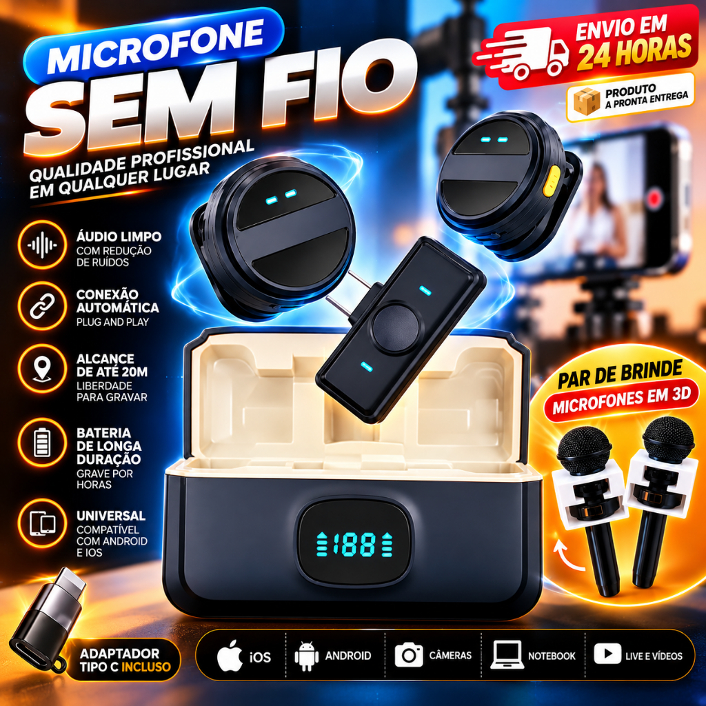 Microfone De Lapela + BRINDE 3D Sem Fio Para iPhone/Android Type-c C/ Cancelamento De Ruído P/ Gravação de vídeo/TikTok/
