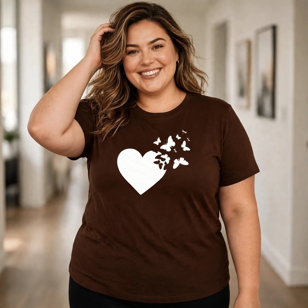 Camiseta Plus Size Premium Feminina Estampada Do P Ao G5 Coração Borboletas Academia Treino 100% Algodão Verão