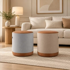 Puff em Linho Courino Redondo Luxo Sala e Quarto Decorativo Madeira Maciça