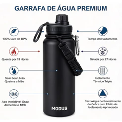 MODUS Garrafa Térmica 1000ML Inox Premium Tampa Antivazamento Bico Rosqueável Bebida Quente Fria
