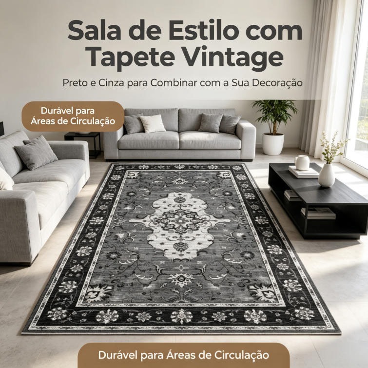 Tapete Vintage Decorativo 158x95cm Antiderrapante, Lavável, Várias Cores para Sala, Quarto e Cozinha