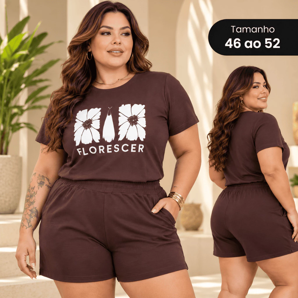 Conjunto  Feminino Plus Size com Blusa T-shirt e Short Meia Coxa Malha 100% Algodão