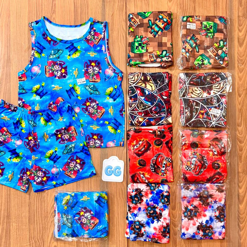 Pijama Regata + Short Infantil Bebê Menino 0 a 10 anos Malha Suede Premium Verão Confortável Dormir Unidade Pernonagens