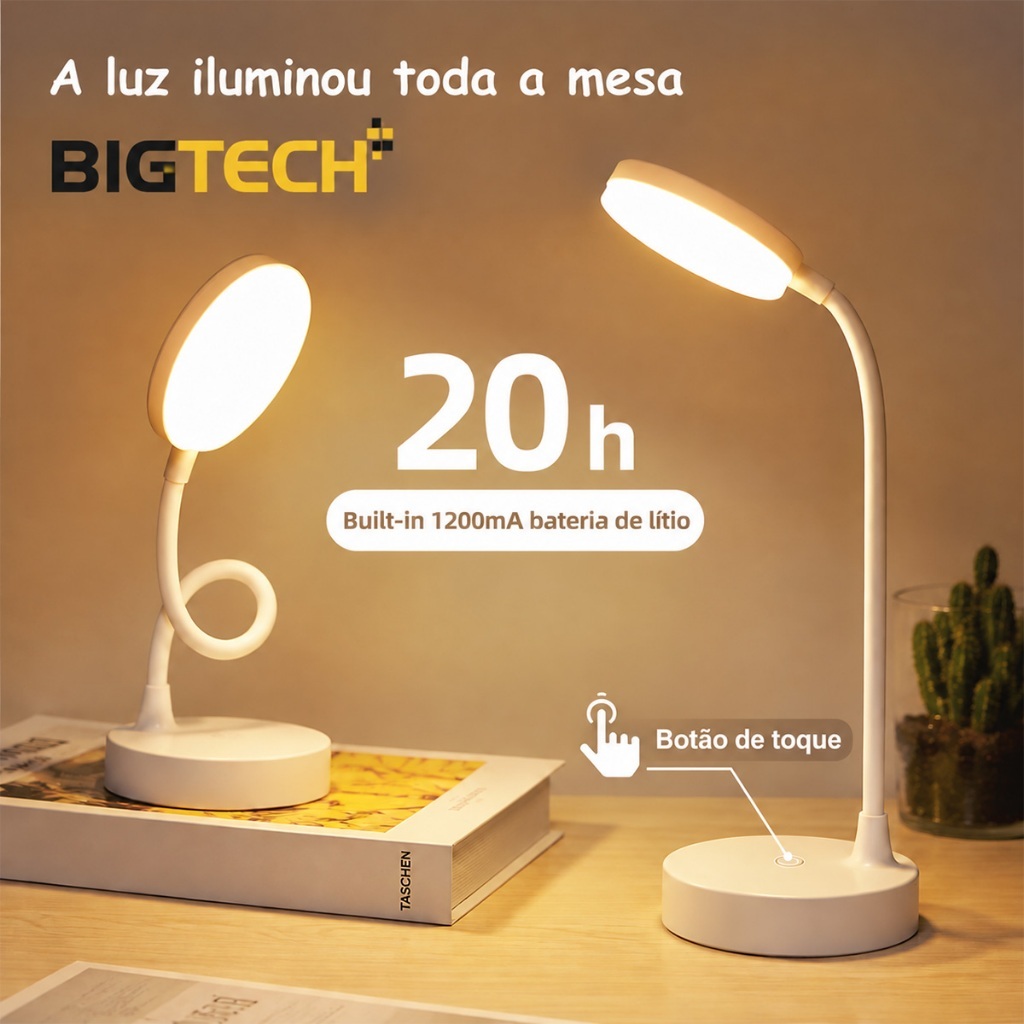 Luminária Abajur de Mesa LED Luz Recarregável Touch Haste Flexível Lâmpada De Estudo Sem Fio BigTech - (Shopee)