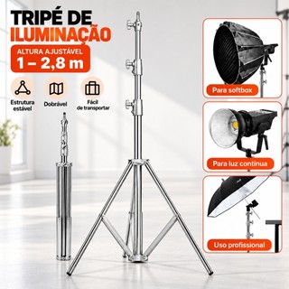 Tripé de Iluminação Profissional 2,85m para Ring Light, Estúdio Fotográfico, Foto e Vídeo, Dobrável, Prata, com Bolsa