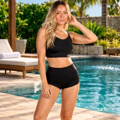 Conjunto Biquíni ou Apenas o Top Alcinha Hot Pants Feminino Cintura Alta Moda Verão Praia e Piscina Confortável