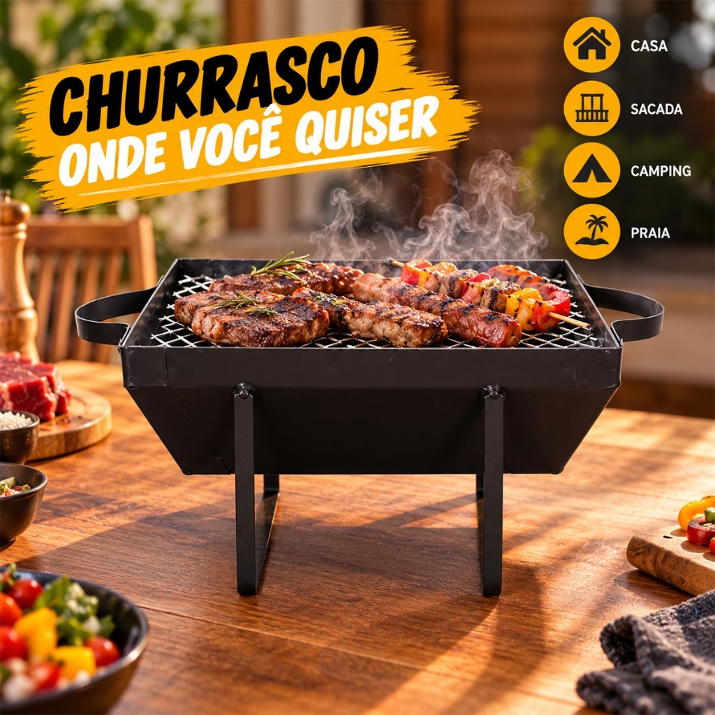 Mini Churrasqueira Meia Bafinho Portátil a Carvão Ferro Pequena com Grelha Removível Alças Camping Viagem