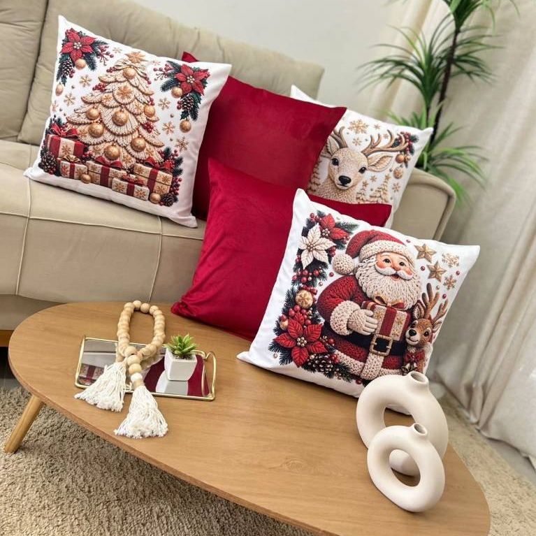 Kit 5 Capas de Almofada Natalinas 45x45 Estampadas Decorativa Suede Para Sala Para o Natal Alta Qualidade