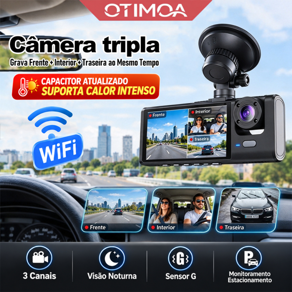 OTIMOA Câmera Dashcam Veiculare 3 Lentes WiFi HD 1080p DVR Gravação Para Uber Monitoramento Estacionamento Visão Noturna