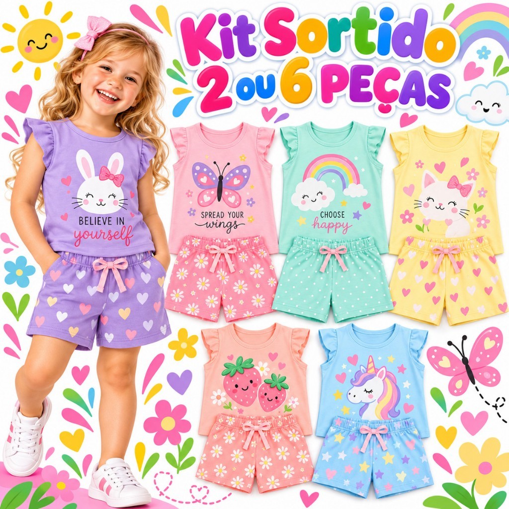 Kit Sortido de 2 ou 6 Peças de Roupas Infantil Menina Kit com Conjuntos de Roupa Infantil Menina Verão Feminino Bebê