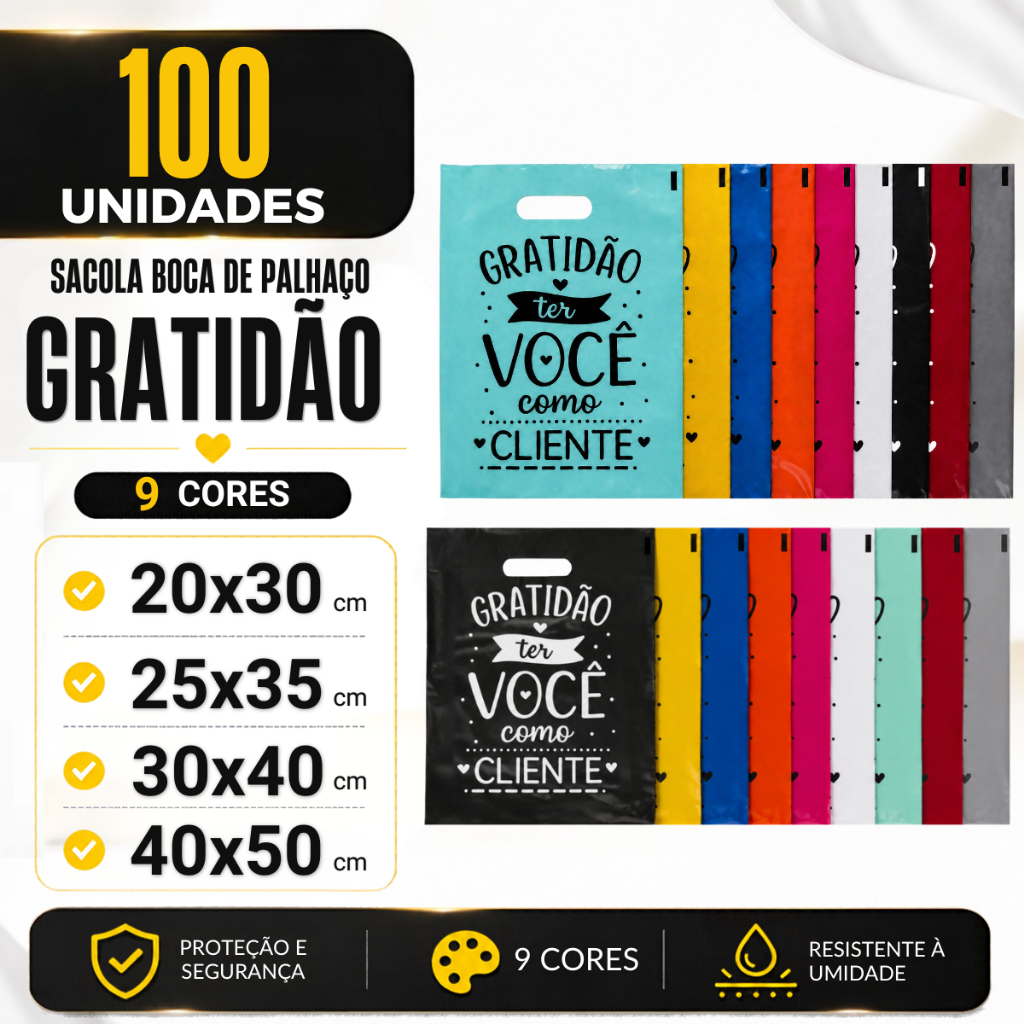 Kit 100 Sacola Boca de Palhaço 20x30 25x35 30x40 40x50 Gratidão Sacolinha para Lojas Frases Personalizadas