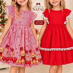 Vestido Infantil Menina Princesa Vermelho Natal Listrado Barrado Varias Cores para Festas De Natal