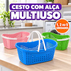 Cesto com Alça Plástico Resistente Multiuso Organizador Prendedor de Roupa Pregador Varal Lavanderia Banheiro