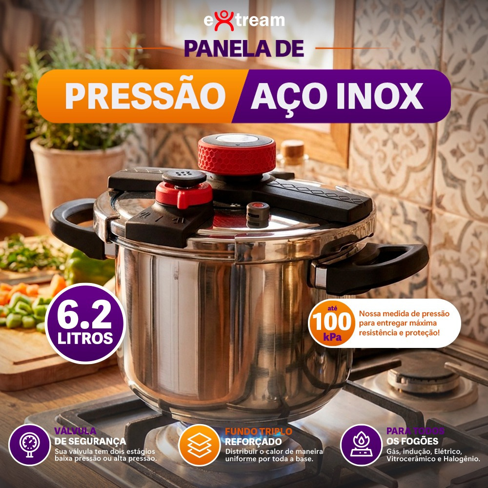 Panela de Pressão Aço Inox Fundo Triplo SecureLock Pro Extream Indução e Gás - 6,2L 4,5L 8L Fechamento Externo