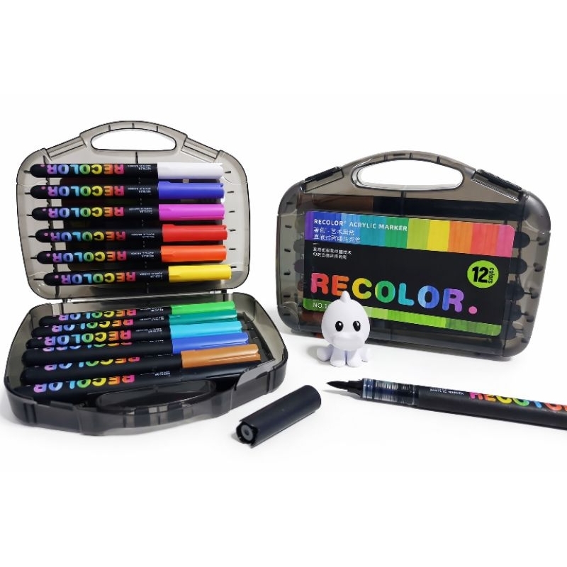 Kit Maleta de Caneta Marcador Acrílico permanente 12 / 24 /36 cores RECOLOR  para Impressão 3D Vidro  Madeira Artesanato
