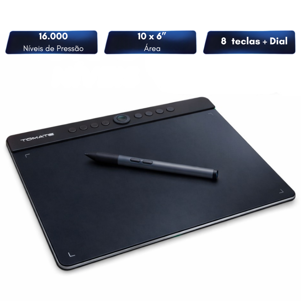 Mesa Digitalizadora 10x6" 16.000 Níveis de Pressão 8 Teclas USB-C Compatível Windows Mac Android