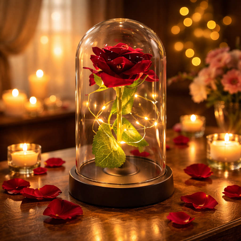 Rosa Encantada com Luz LED - Flor Eterna Decorativa em Cúpula de Acrílico Dia dos Namorados Mães em Oferta na Shopee