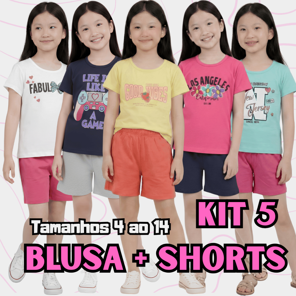 Kit 5 Conjunto Infantil Blusa Shorts Menina Estampas Verão Manguinha Personagem 100% Algodão Fresco