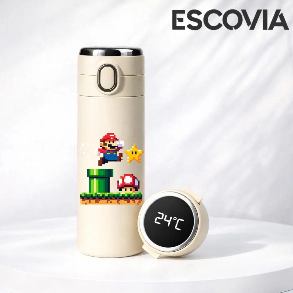 Garrafa Térmica Aço Inoxidavel Parede Dupla Super Mario com Termômetro Digital 420ml