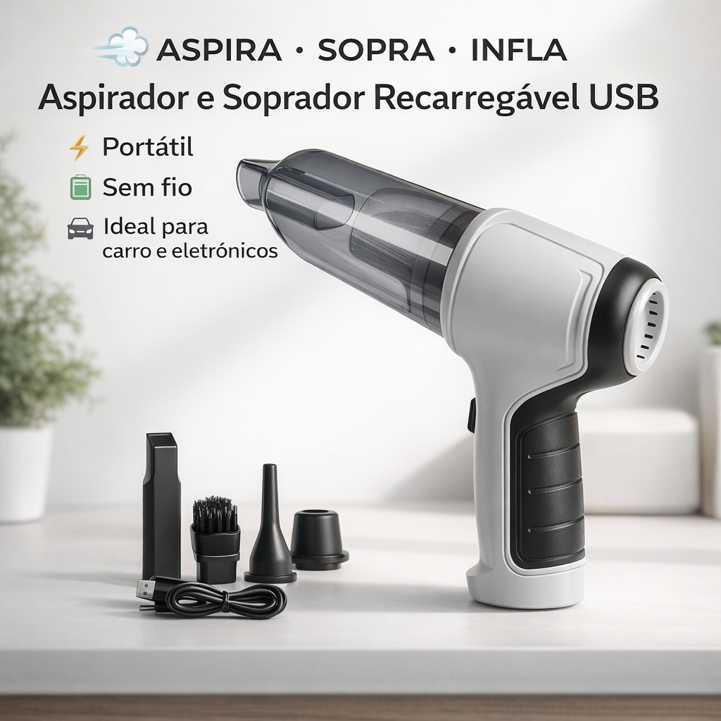 Aspirador de Pó Portátil Sem Fio Recarregável USB 3 em 1 Soprador Sugador Ideal para Limpeza Carro
