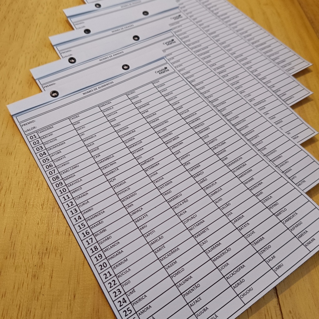 Kit 10 Cartelas de Rifas - 30 Linhas ou 150 Nomes - Alimentos, Animais, Cidades, Pessoas, Times em Oferta na Shopee