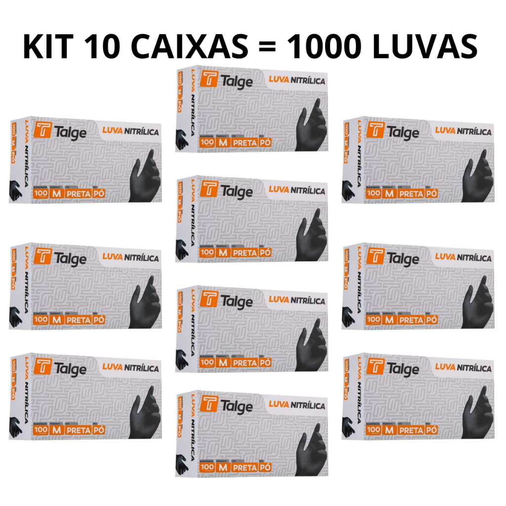 Kit 10 X 100 Caixas Luva Nitrílica Sem Pó Preta Black 1000 Unidades P M G