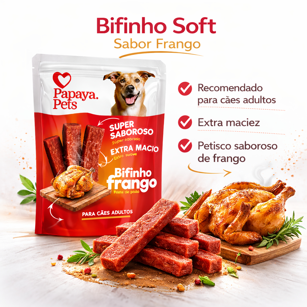 Petisco Cães Adultos Saboroso Bifinho Frango Papaya Pets em Oferta na Shopee