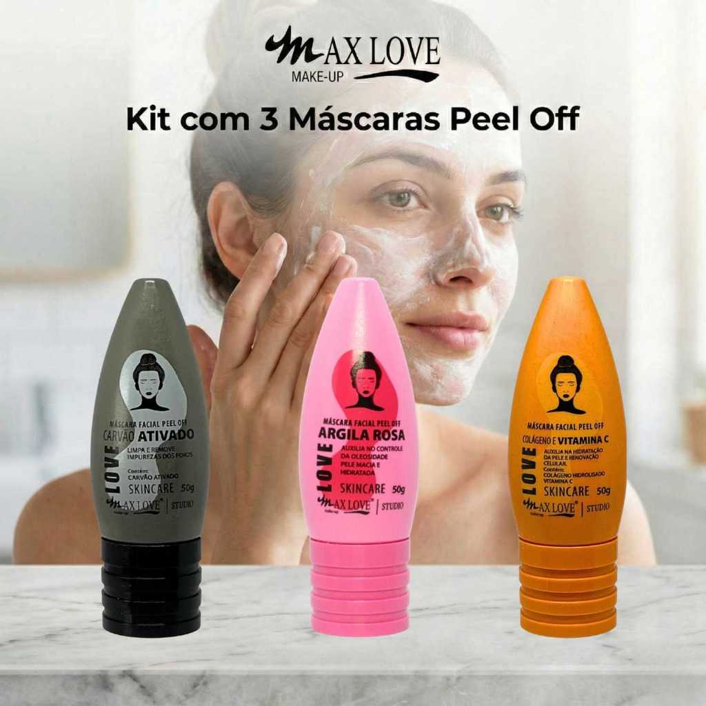 Kit com 3 Máscaras Peel Off - Carvão Ativado, Argila Rosa, Vitamina C Max Love