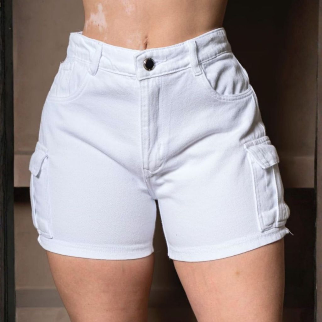 Shorts Cargo Jeans Branco Feminino Moda Verão gringa Bermuda Cintura Alta com bolsos Blogueira