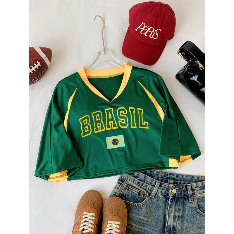 Blusa do Brasil Cropped Copa do Mundo Seleção Brasileira Verde Amarelo