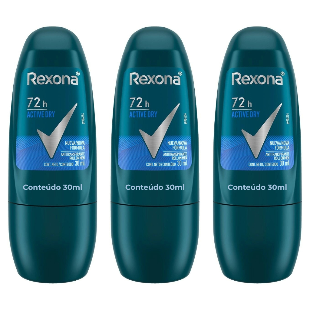Kit 03un Desodorante Antitranspirante Roll On Rexona Men Active Dry 30ml