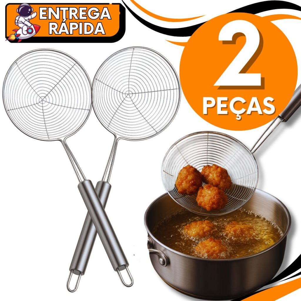 Kit 2 Escumadeiras Inox  Fritura Aço Inoxidável Aramada Resistente Batata Pastel Coxinha Escorre Oleo Seca Praticidade