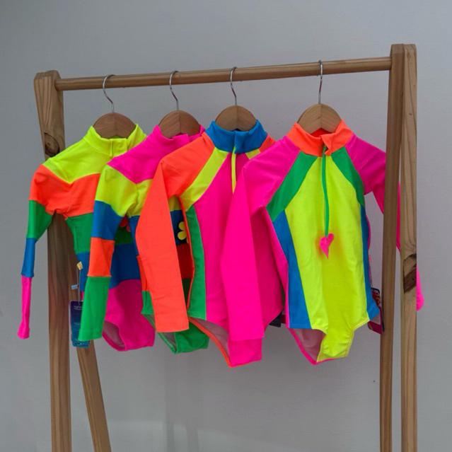 Maiô biquini Menina Neon Manga Longa com Zíper – Proteção UV50+ verão Praia piscina 4 a 12 anos