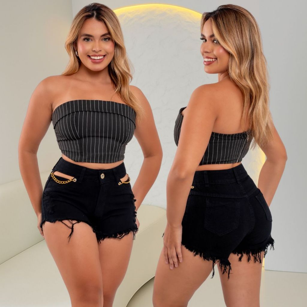 Short Jeans Feminino Com Correntes e Ilhós, Cós Alto em Oferta na Shopee