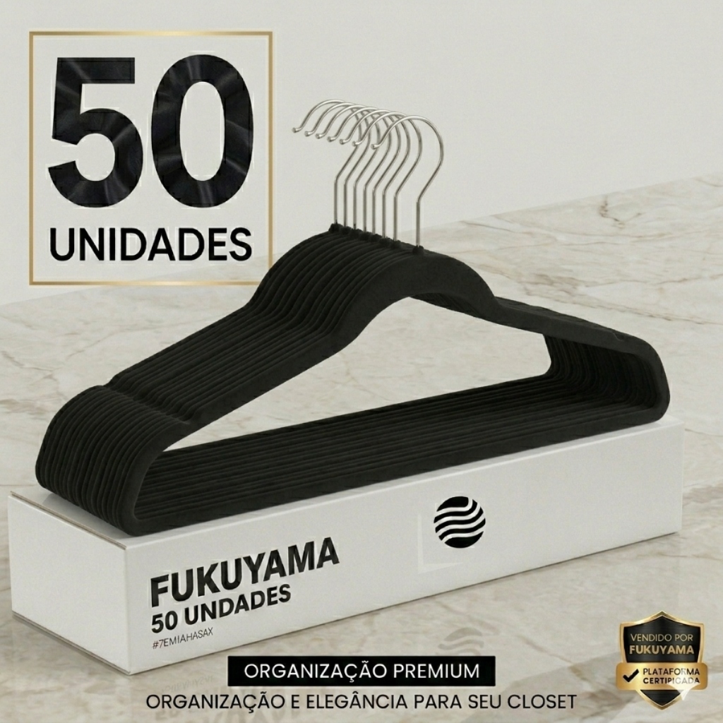 KIT 50 CABIDES DE VELUDO PRETO FUKUYAMA Antideslizante Slim Com Gancho Giratório 360° em Oferta na Shopee