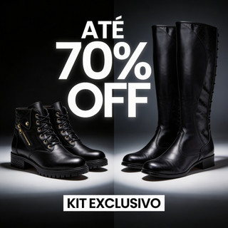 Kit 2 Botas Femininas Pretas (Cano Longo + Coturno) Salto Baixo Confortável Zíper Moda Inverno