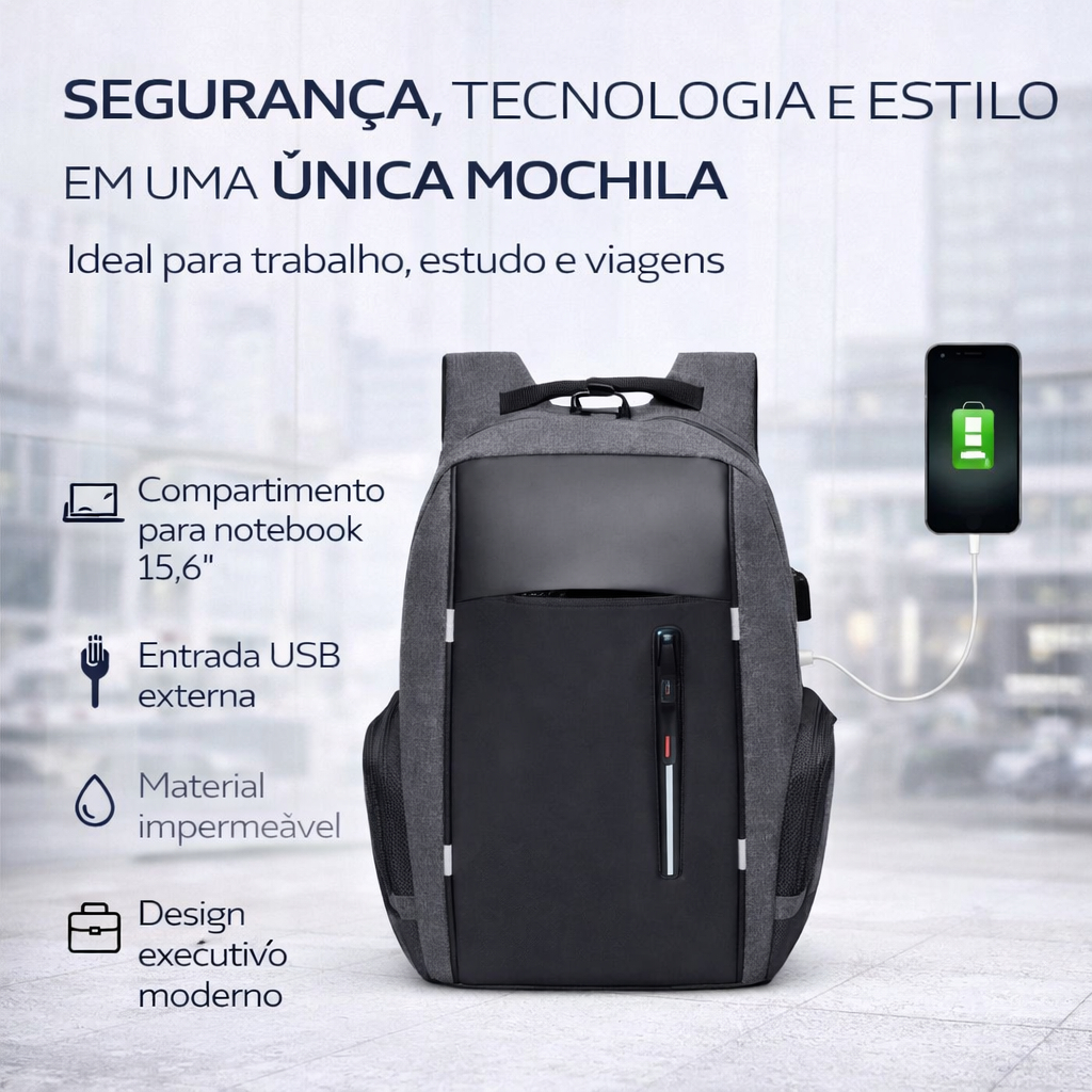 Mochila Notebook USB Impermeável Executiva Viagem Trabalho Antifurto Masculina Feminina