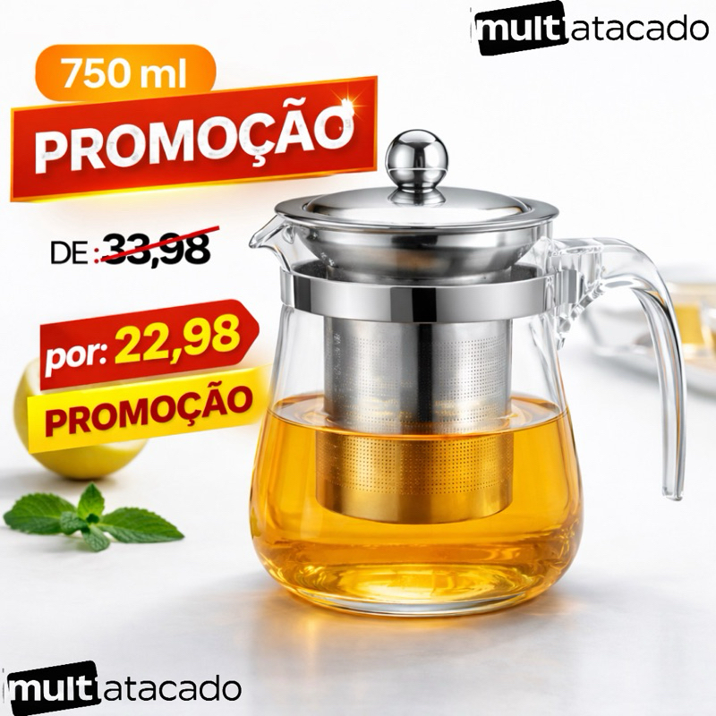 novo:Bule Chaleira De Vidro Com Infusor Aço Inox Para Chá 750Ml / 500Ml / 350 Ml