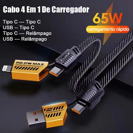 Cabo Turbo Tipo C para iPhone Xiaomi Samsung USB 4 em 1 Turbo 65W Cabeça de Metal Revestida de Nylon em Oferta na Shopee