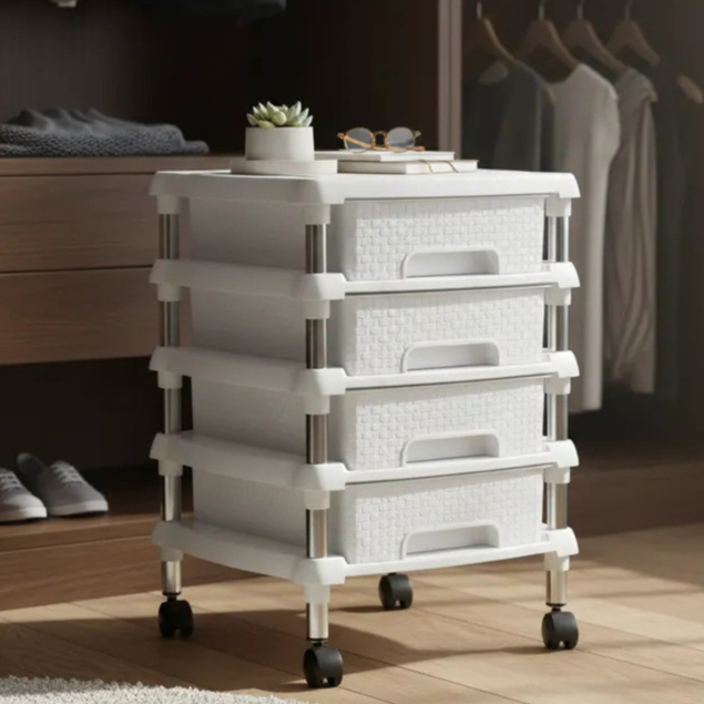 Gaveteiro Organizador Ratan 4 Gavetas P Quarto Chão Rodinhas Branco