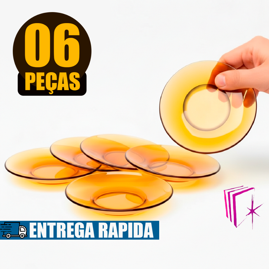 Conjunto Jogo de Pires Liso 06 Peças Cor Ambar Vidro Alta Resistencia Trandicional