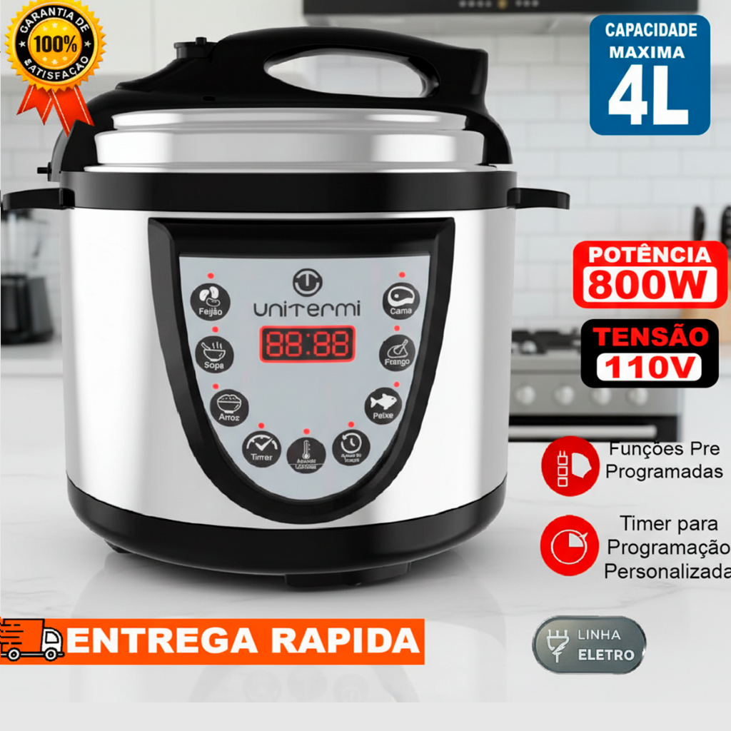 Panela de Pressão Elétrica Digital inox 4L Unitermi 800W Inox Anti-anderente Tensão 110V com Programação