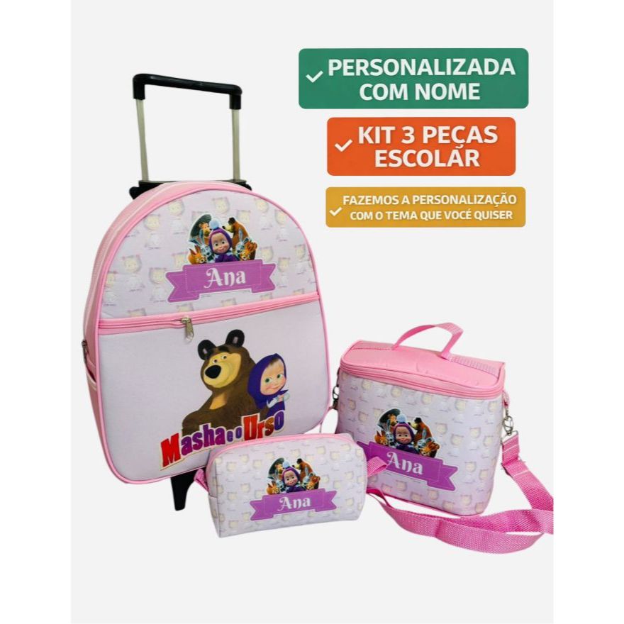 Kit Mochila Masha e o urso 3 peças de rodinhas carrinho personalizada com o nome