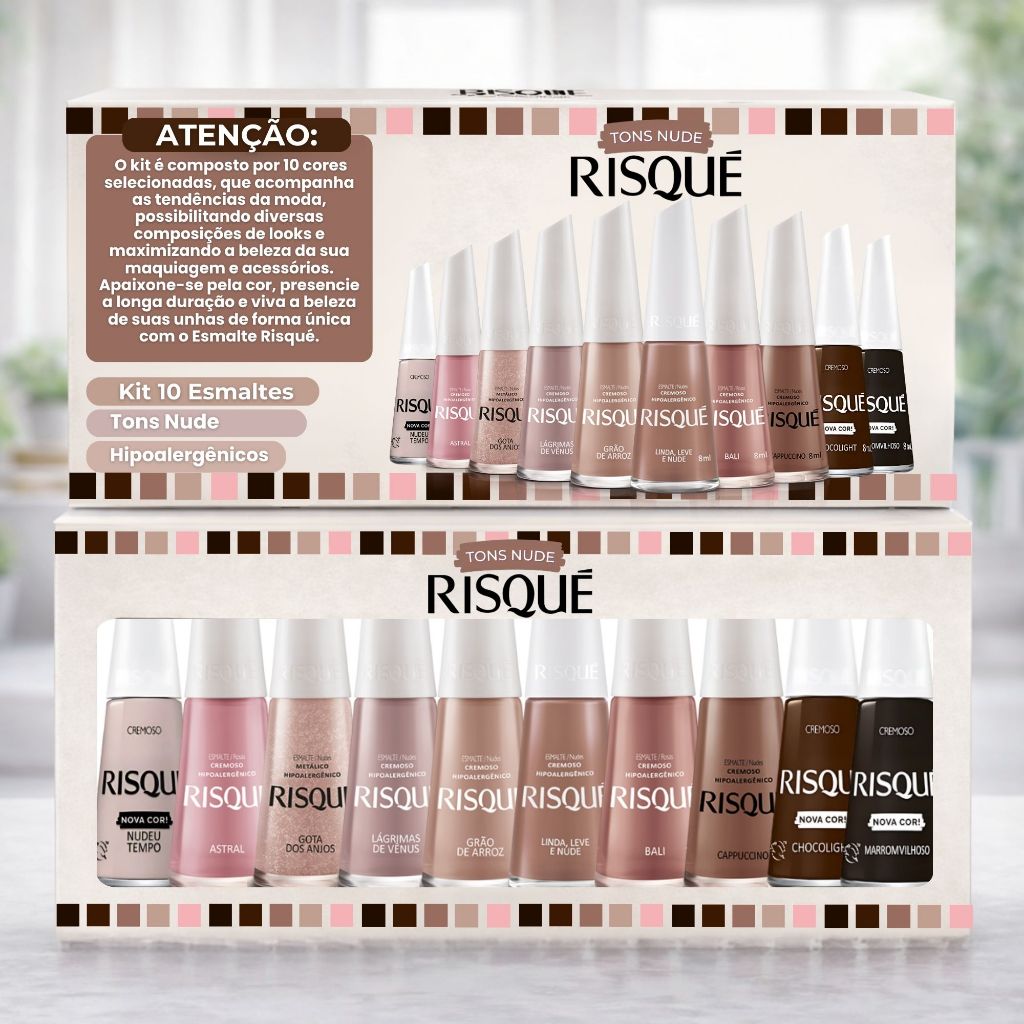 Kit 10 Esmaltes Risqué Diversos Tons Esmalte Marrons Terrosos e Rosa Nude Atacado Caixa
