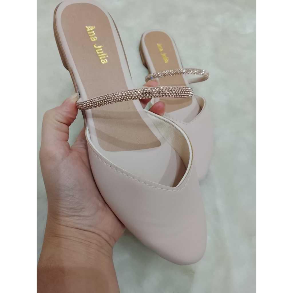 Sapatilha Mule Bico Fino com Tira de Brilho Strass Luxo Versátil Confortável Moda 2026