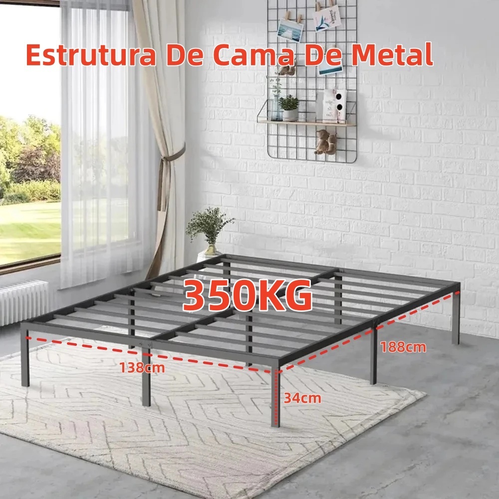 Estrutura De Cama De Metal, Casal, Com Espaço De Armazenamen Cor Preto
