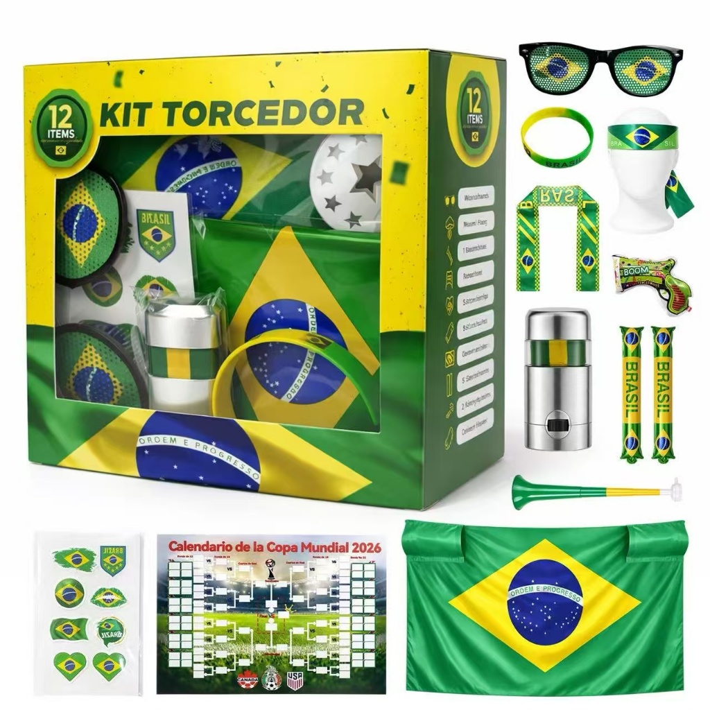 Kit Torcidor Torcida  Brasil Copa 2026 Kit Com 12pçs Adesivo Trompete Bandeira Oculos