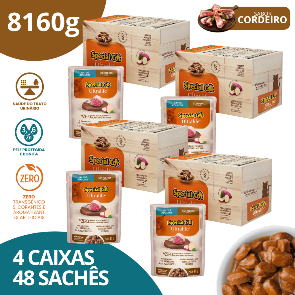 Kit 4 Caixa 12 Special Cat Ultralife Sachê Adultos Sabor Cordeiro - 85g em Oferta na Shopee