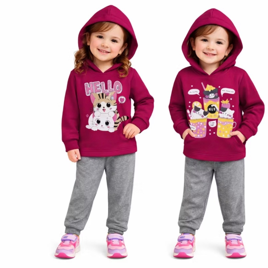 Conjunto de moletom com capuz menina tamanho 1,2,3,4,6,8 roupas de inverno/conjunto de frio em Oferta na Shopee