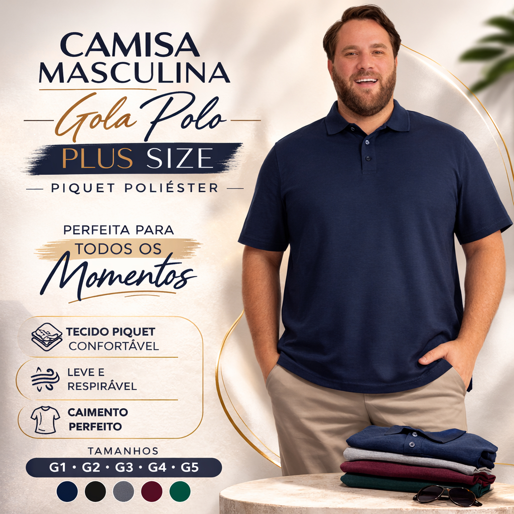 Camisa Masculina Gola Polo Plus Size Piquet Poliéster - Perfeita para Todos os Momentos